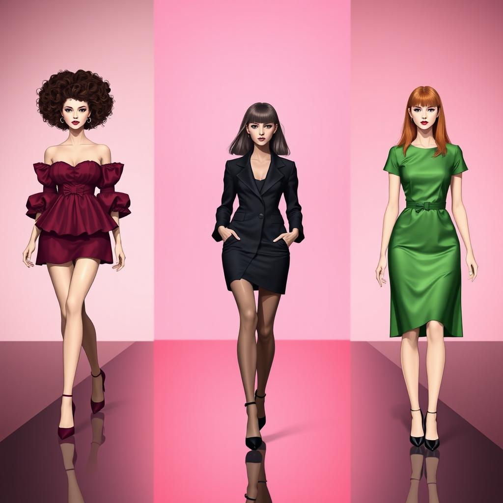 Three female figures walking down a fashion runway, each displaying a distinct style