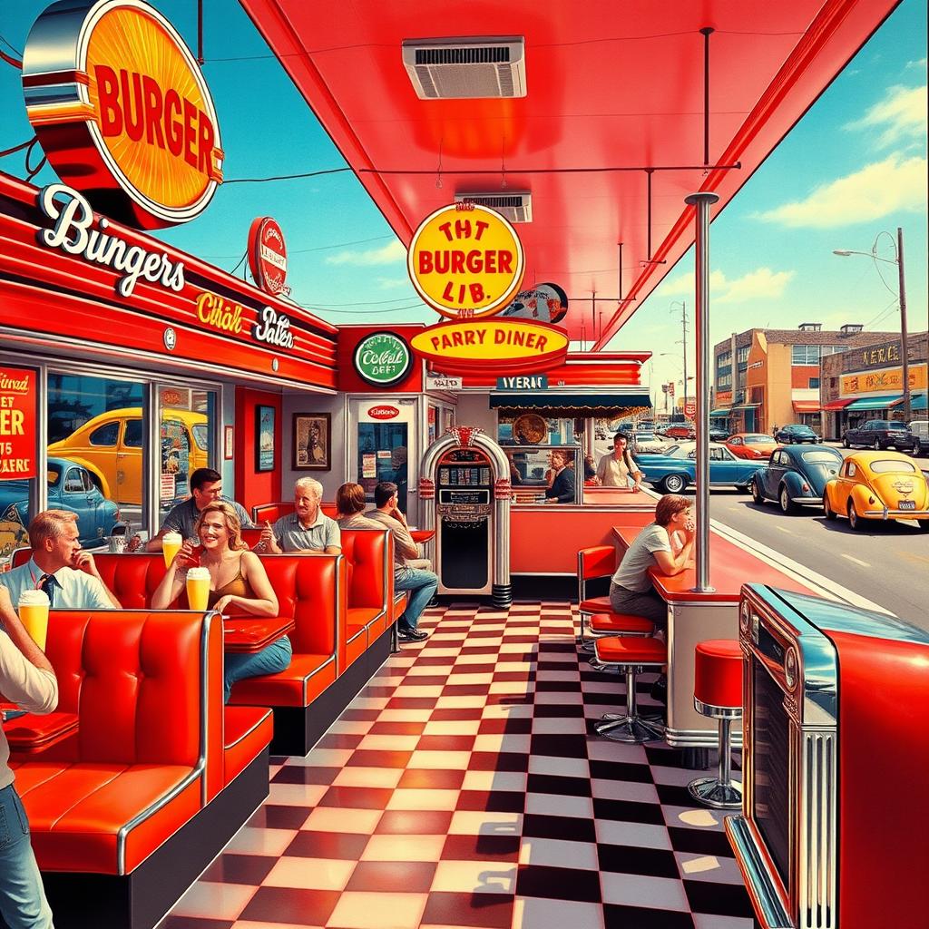 A vibrant scene depicting a classic 1960s diner, filled with patrons enjoying milkshakes and burgers, vintage decor including neon signs, red vinyl booths, and checkered floors