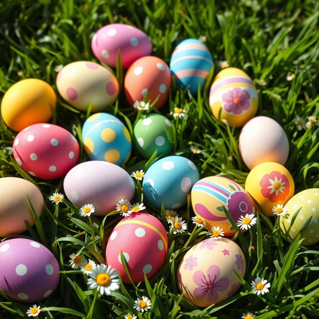 A vibrant scene featuring a variety of colorful Easter eggs arranged in a beautiful, creative display on a lush green grass background