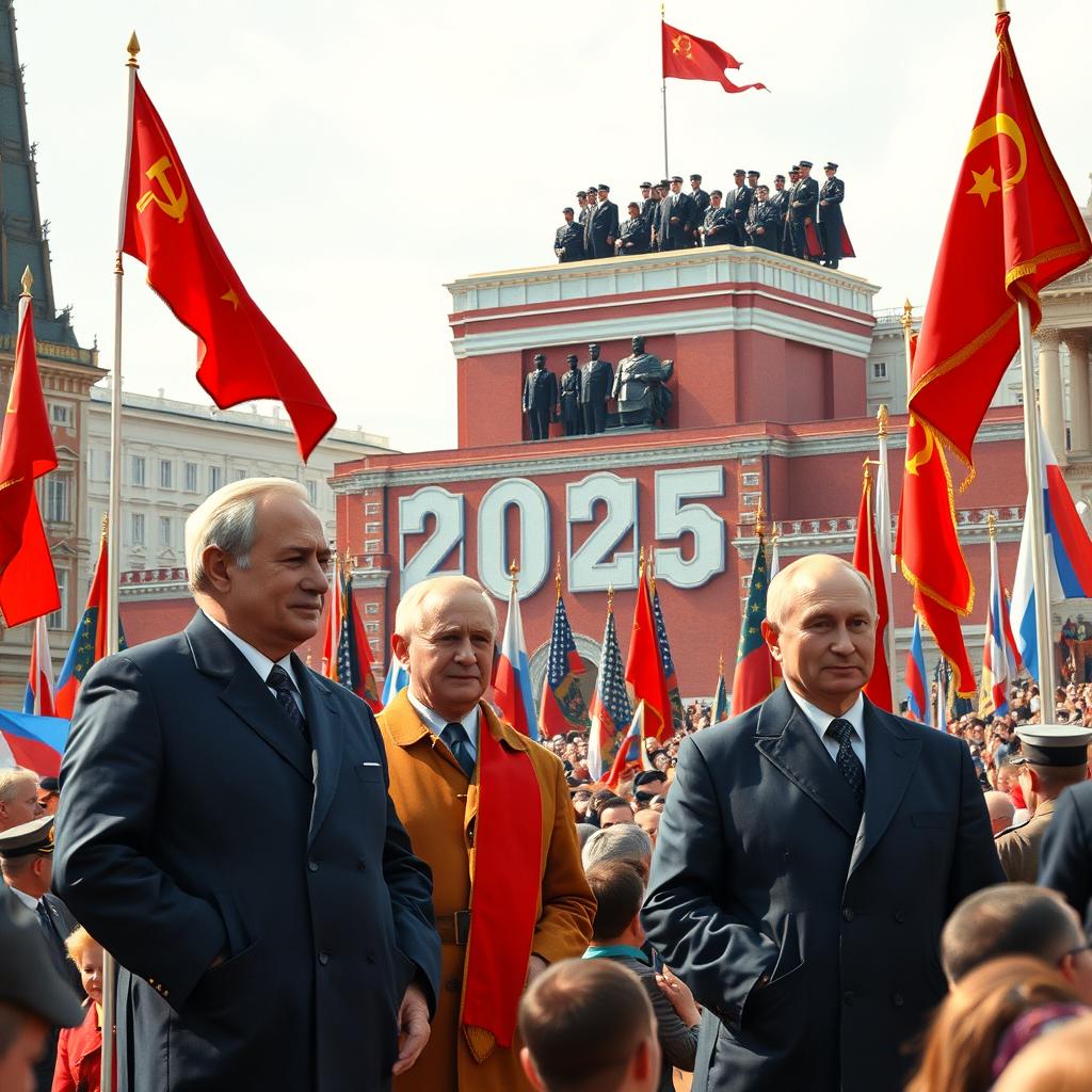 A vibrant scene depicting the year 2025 on Red Square during the Victory Parade