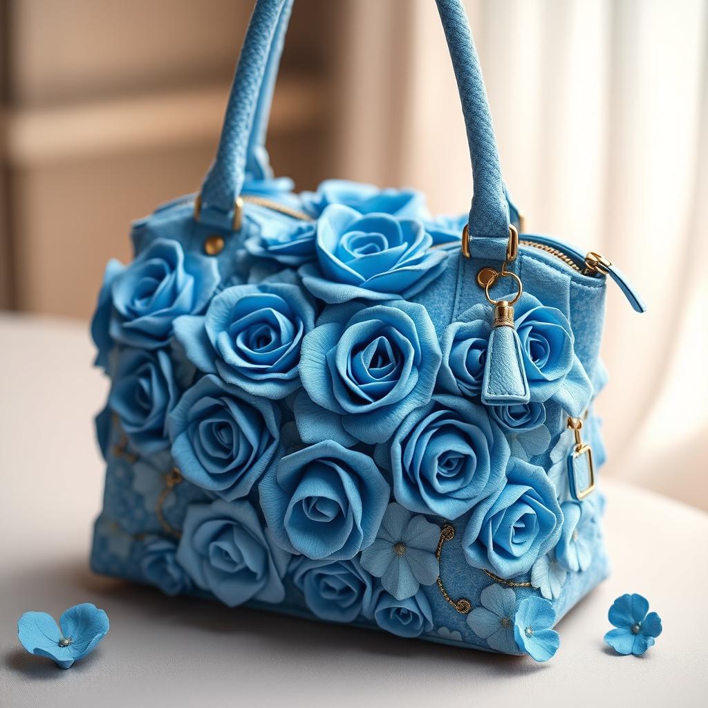 A beautiful blue rose bag, elegantly designed with intricate floral patterns