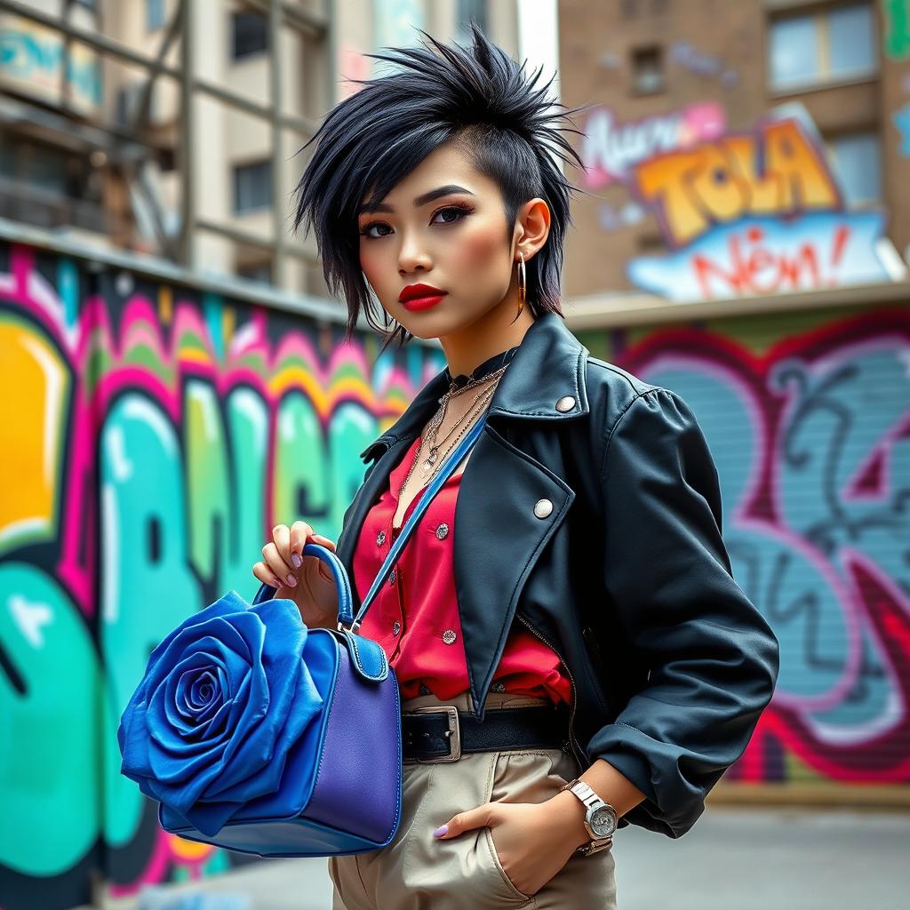 Ado in a stylish outfit, showcasing her unique aesthetic, holding a beautiful blue rose bag