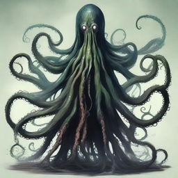 A Lovecraftian representation of the 'Mother of All Fears', a colossal, otherworldly entity cloaked in shadow and mist, tentacles writhing, eyes that are galaxies of terror, emanating a chilling aura of omnipotent dread.