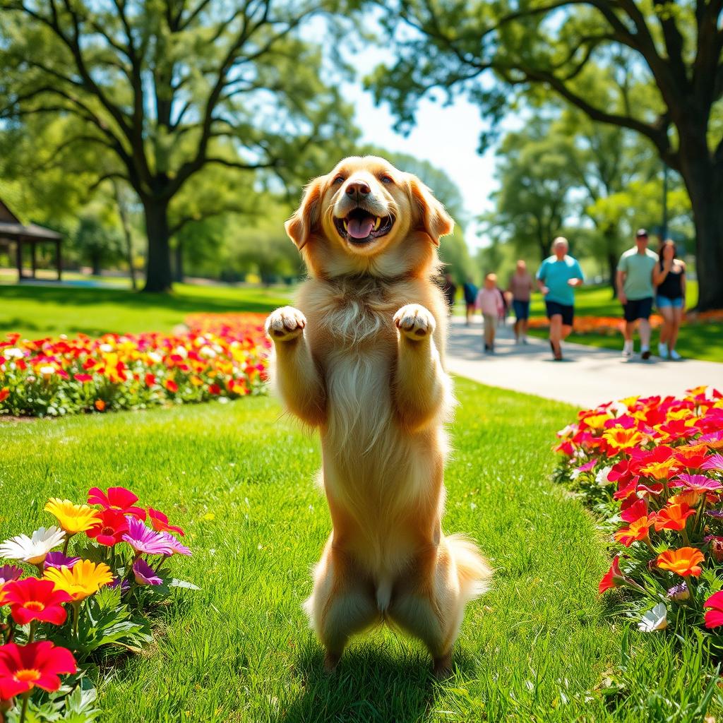 A playful dog standing up on its hind legs with a joyful expression, surrounded by a sunny park setting filled with lush green grass and colorful flowers