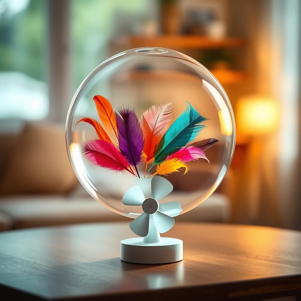 A transparent glass hemisphere filled with colorful feathers gently floating inside, illuminated by soft light
