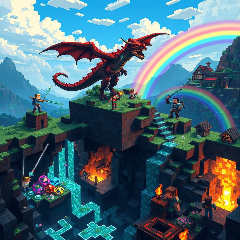 A thrilling Minecraft scene showcasing epic moments, with character avatars exploring a vast, blocky landscape filled with vibrant biomes