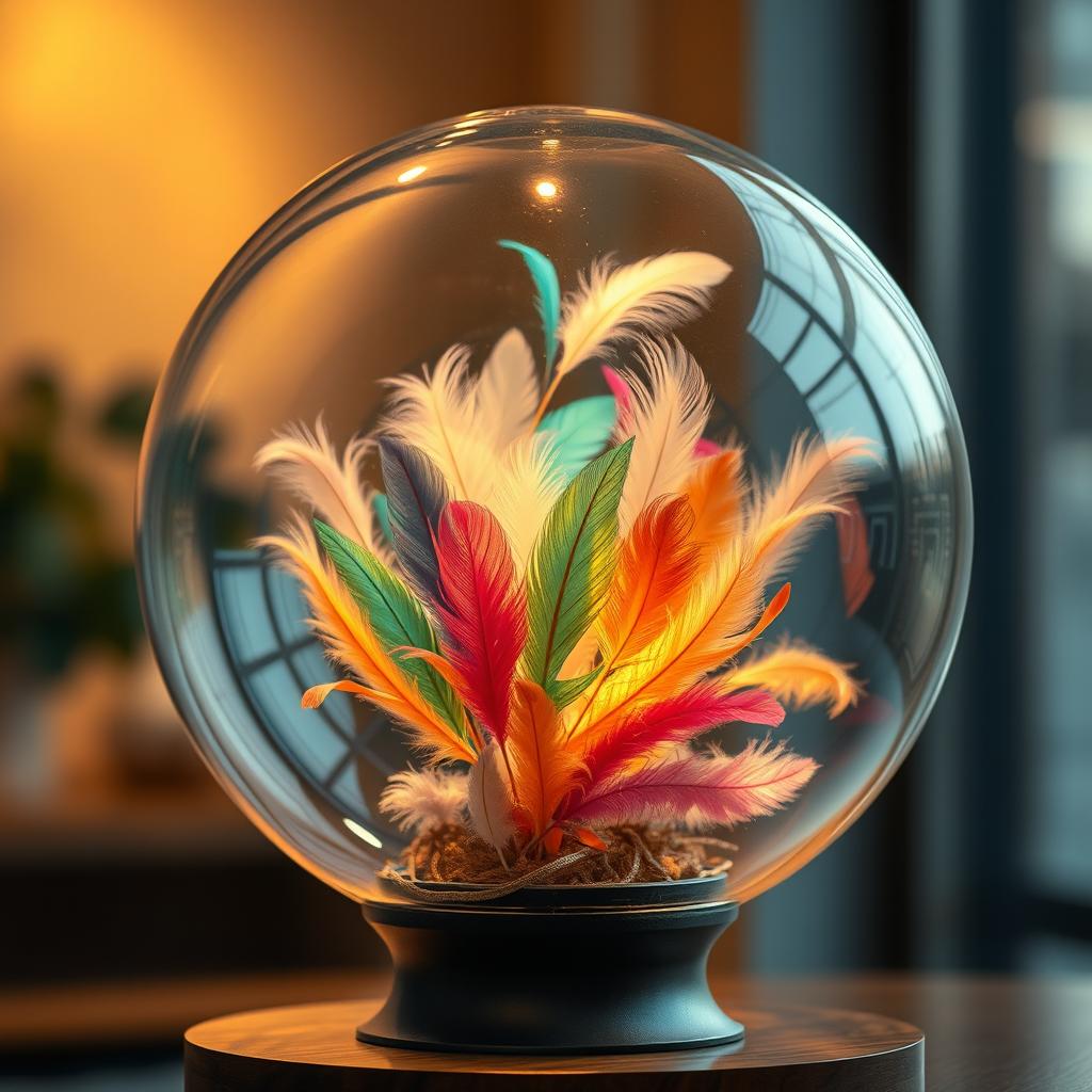 A transparent glass hemisphere filled with colorful feathers gently stirring inside, with a fan positioned underneath creating a soft breeze to move the feathers