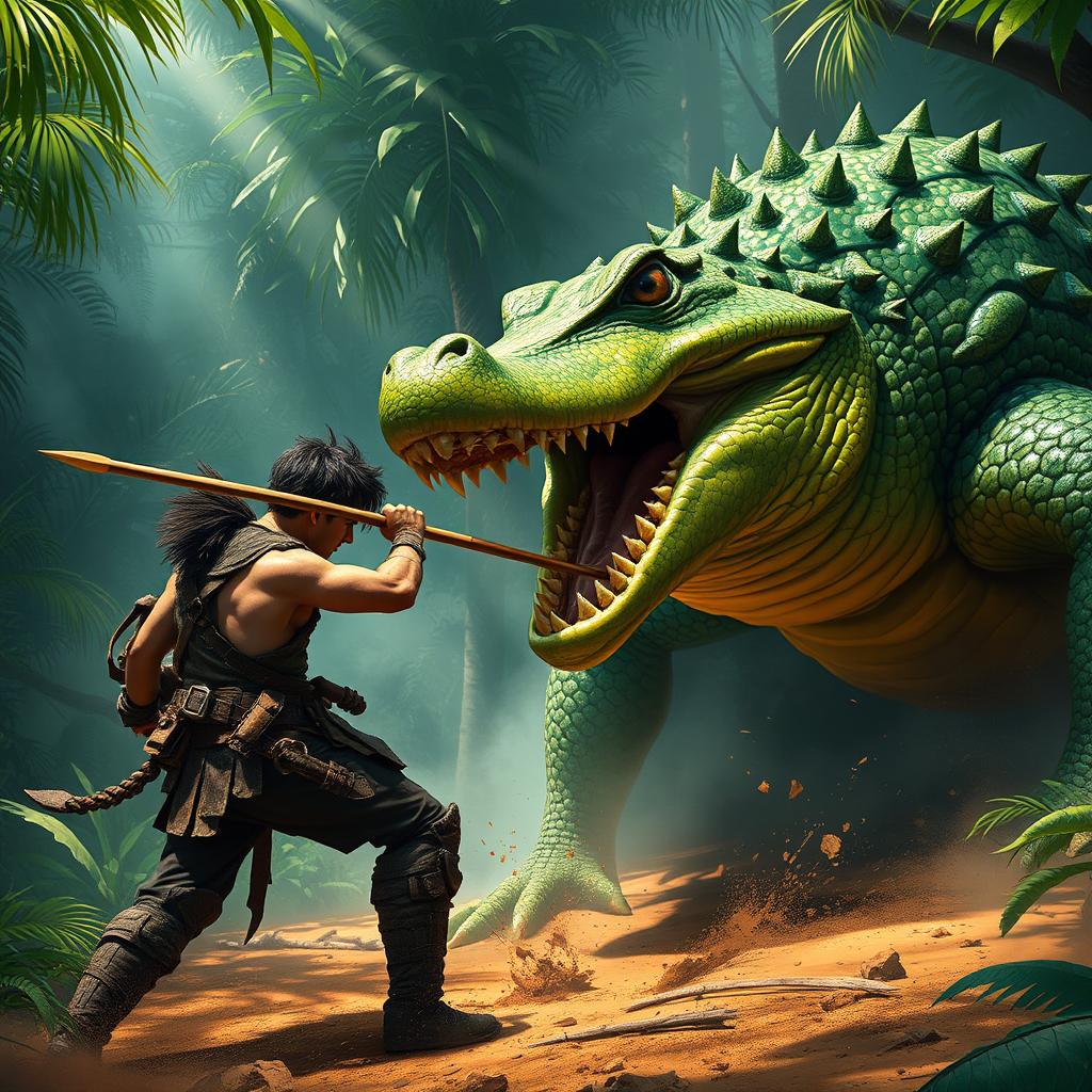 A brave main character, dressed in a rugged combat outfit, using a spear to engage in an epic battle against a gigantic, fierce crocodillo bombardilo