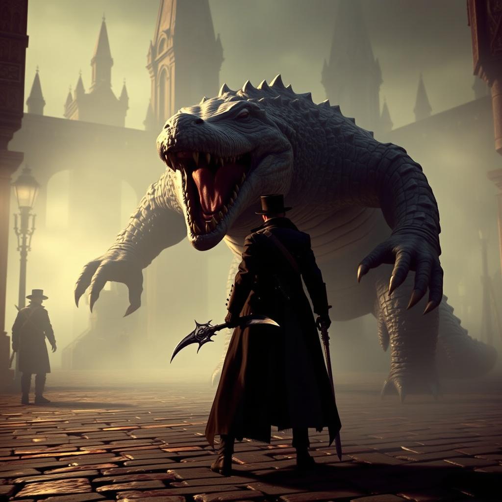 A main character from the Bloodborne game, clad in dark Victorian-era inspired attire with a long coat and a top hat, holding a gothic weapon, facing off against a menacing, large crocodile-like creature known as Crocodillo Bombardilo