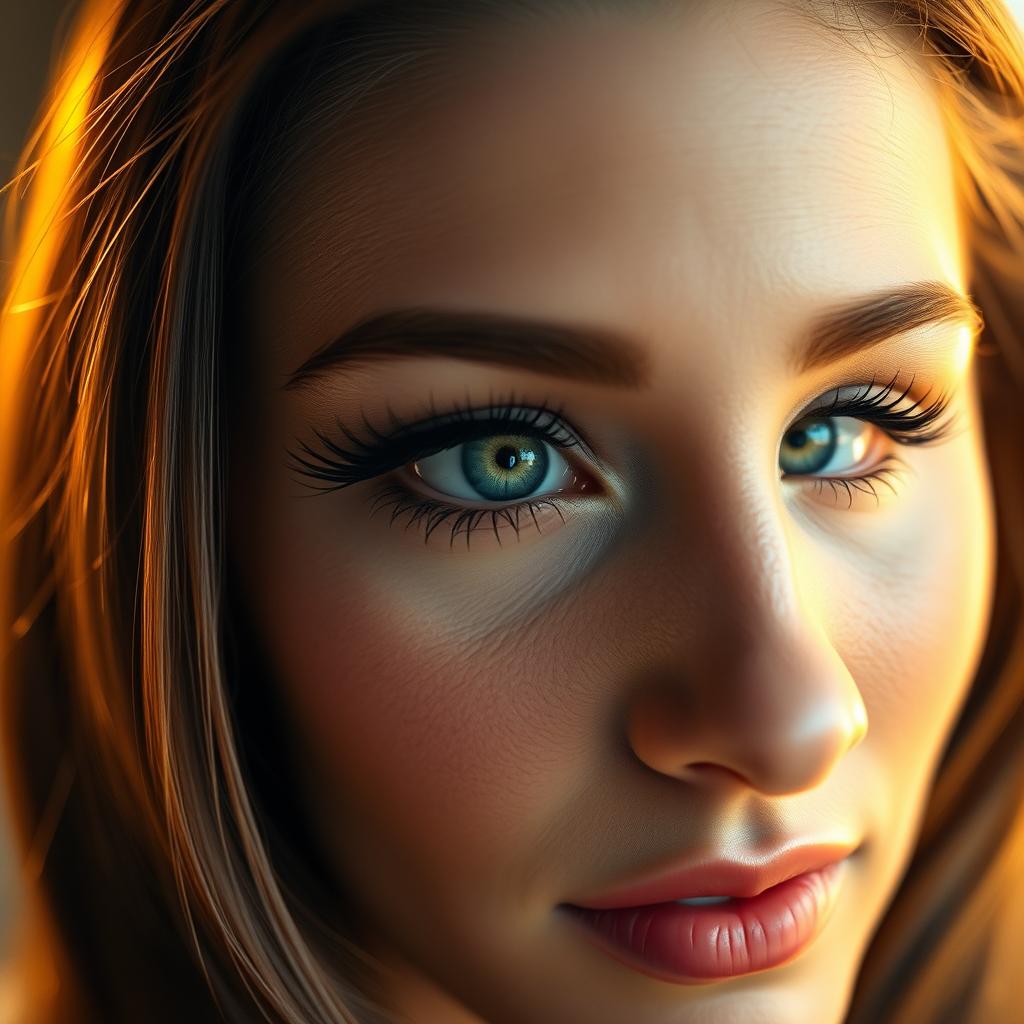 A close-up shot of a beautiful woman with striking green eyes and long, lush eyelashes