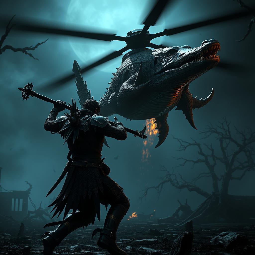 A thrilling scene capturing the main character from the video game Bloodborne, clad in intricate gothic armor and wielding a unique weapon, engaged in an intense battle against a Crocodillo Bombardilo that resembles a helicopter