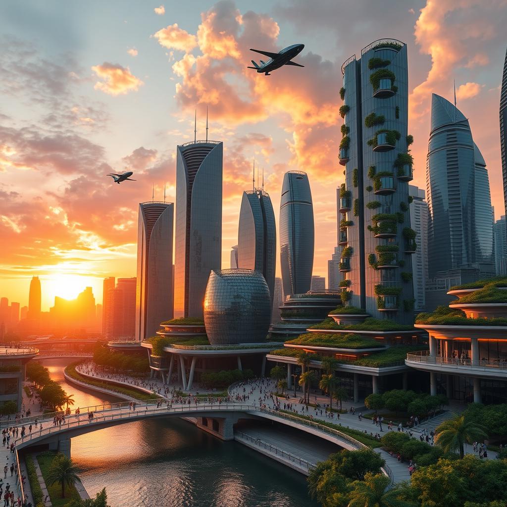 A majestic view of a futuristic cityscape at sunset, filled with towering skyscrapers made of glass and steel, reflecting the beautiful orange, pink, and purple hues of the sky