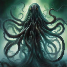 A Lovecraftian representation of the 'Mother of All Fears', a colossal, otherworldly entity cloaked in shadow and mist, tentacles writhing, eyes that are galaxies of terror, emanating a chilling aura of omnipotent dread.