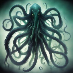 A Lovecraftian representation of the 'Mother of All Fears', a colossal, otherworldly entity cloaked in shadow and mist, tentacles writhing, eyes that are galaxies of terror, emanating a chilling aura of omnipotent dread.