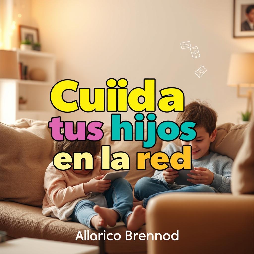 A realistic depiction of a concerned parent observing children using digital devices, set in a cozy home environment