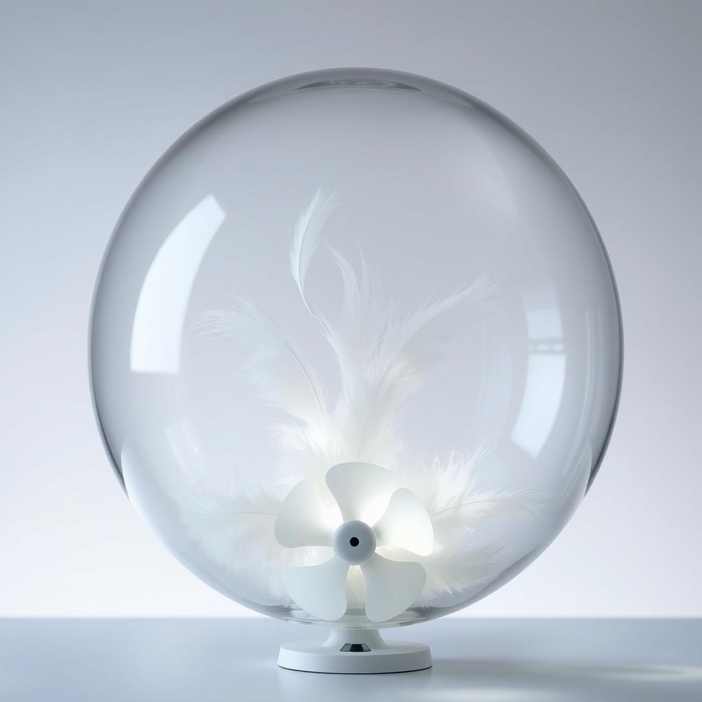 A glass hemisphere filled with white feathers floating gently inside