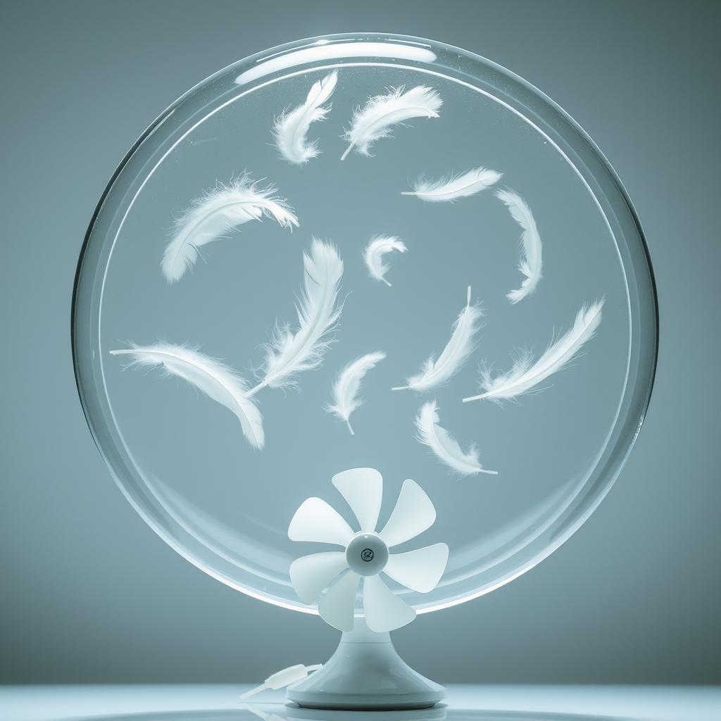 A glass semicircle containing white feathers floating softly inside