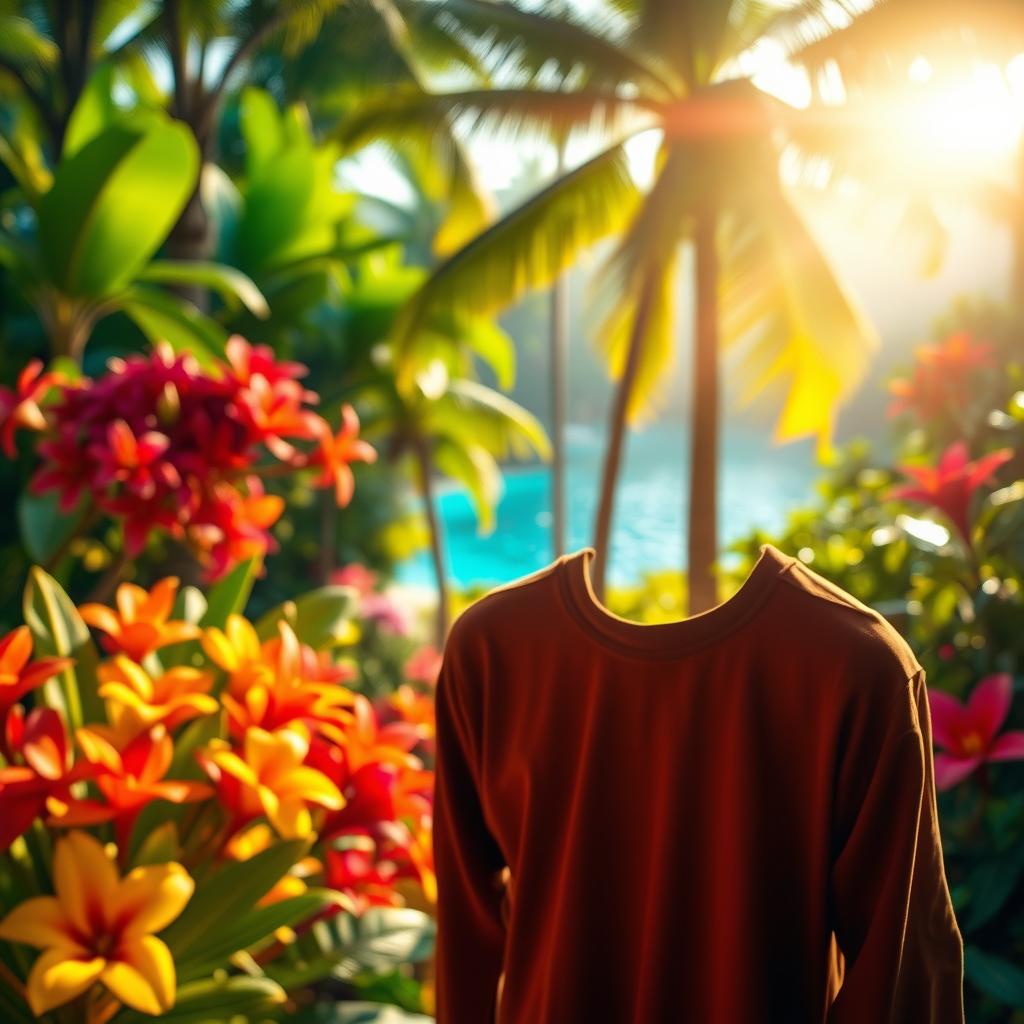 A subject on a vibrant, beautifully composed background showcasing a lush, tropical paradise with exotic plants and colorful flowers