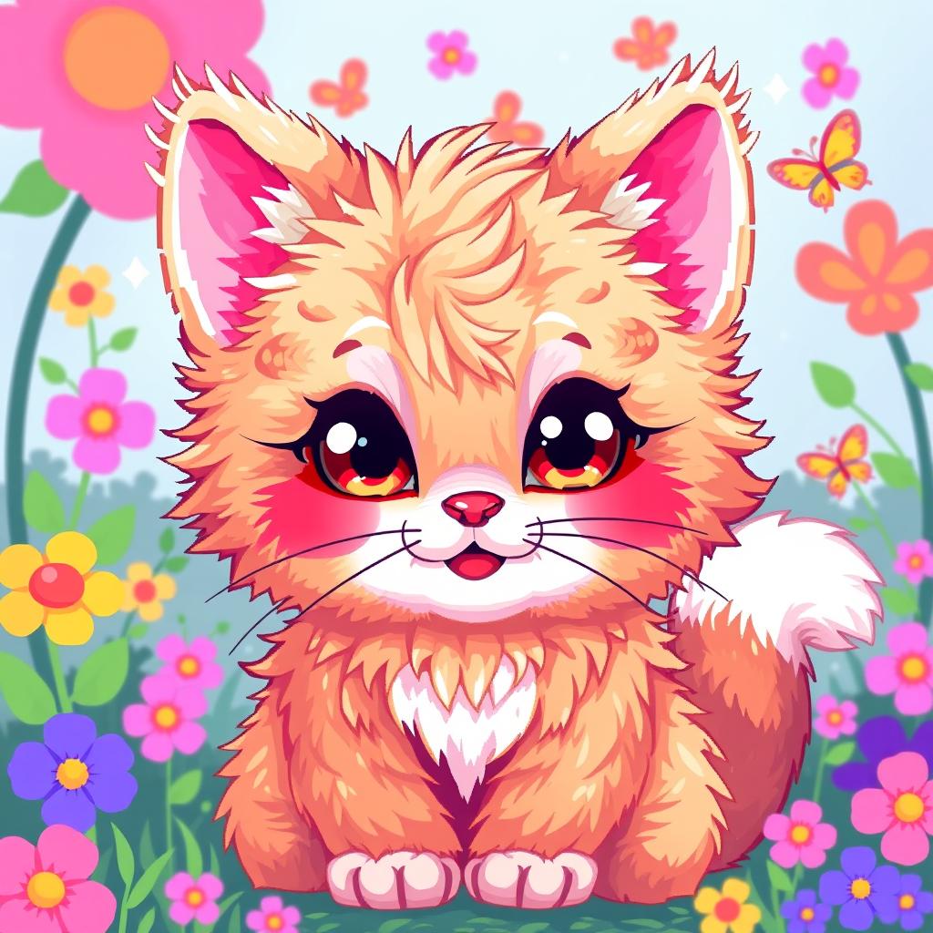 A vibrant and colorful pixel art of a furry cat, showcasing playful expressions with large, expressive eyes