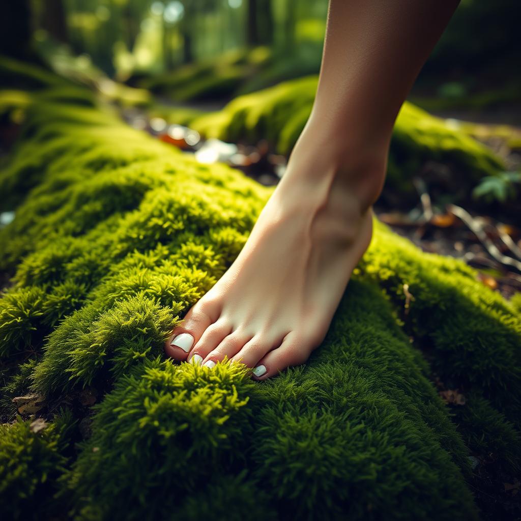 A woman gently pressing her bare foot, adorned with white painted toenails, into a lush wet mossy forest floor