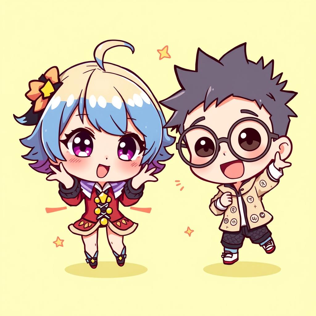 Two characters illustrated in chibi anime art style, inspired by photo 1 and photo 3