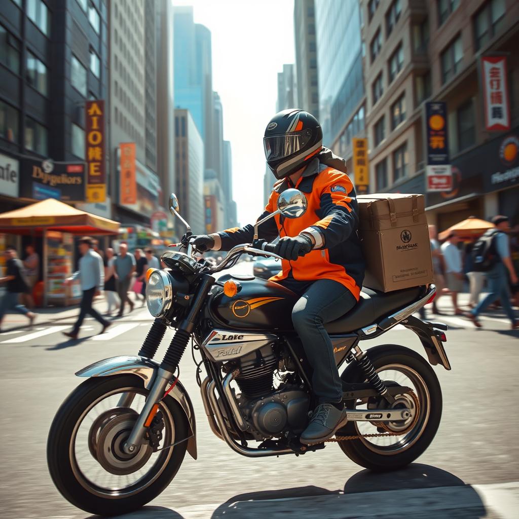 A dynamic scene featuring a motorcycle courier navigating through a bustling urban environment