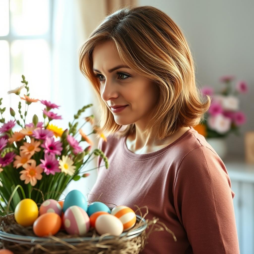 A realistic portrait of a 35-year-old woman with medium-sized light brown hair styled gracefully, possessing big round eyes that convey warmth and curiosity