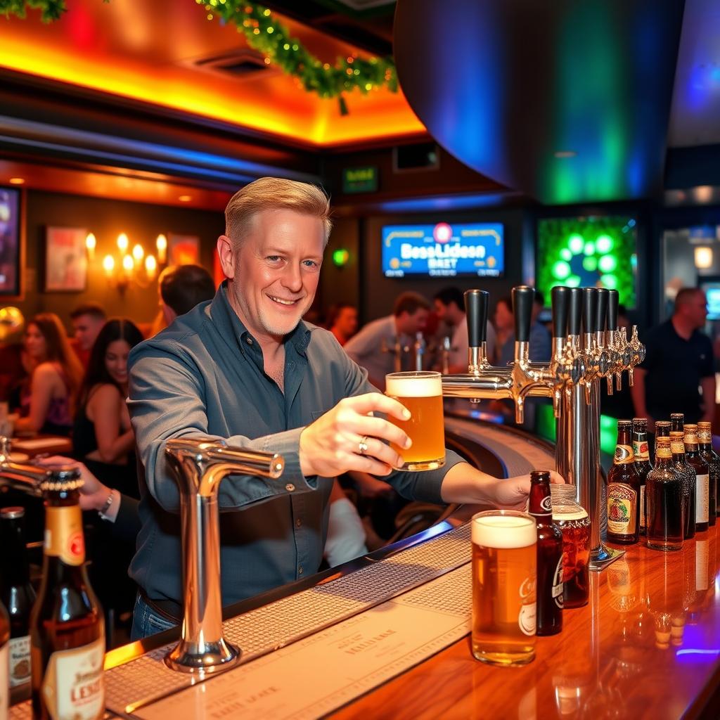 King Willem-Alexander serving beer behind a stylish bar, wearing a friendly smile, casually dressed in a modern shirt and jeans