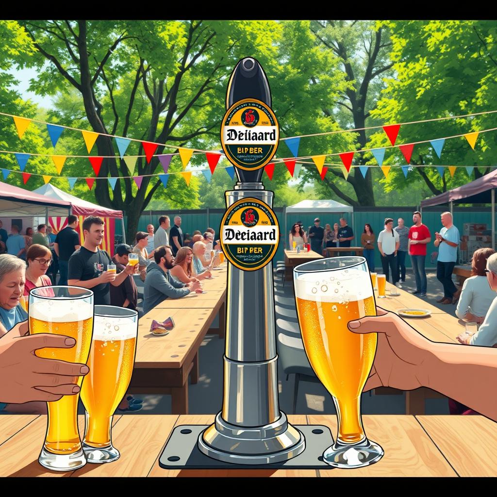 A detailed illustration of a scenic outdoor beer tap setup at a bustling festival, showcasing the De Beiaard beer brand prominently on the tap front