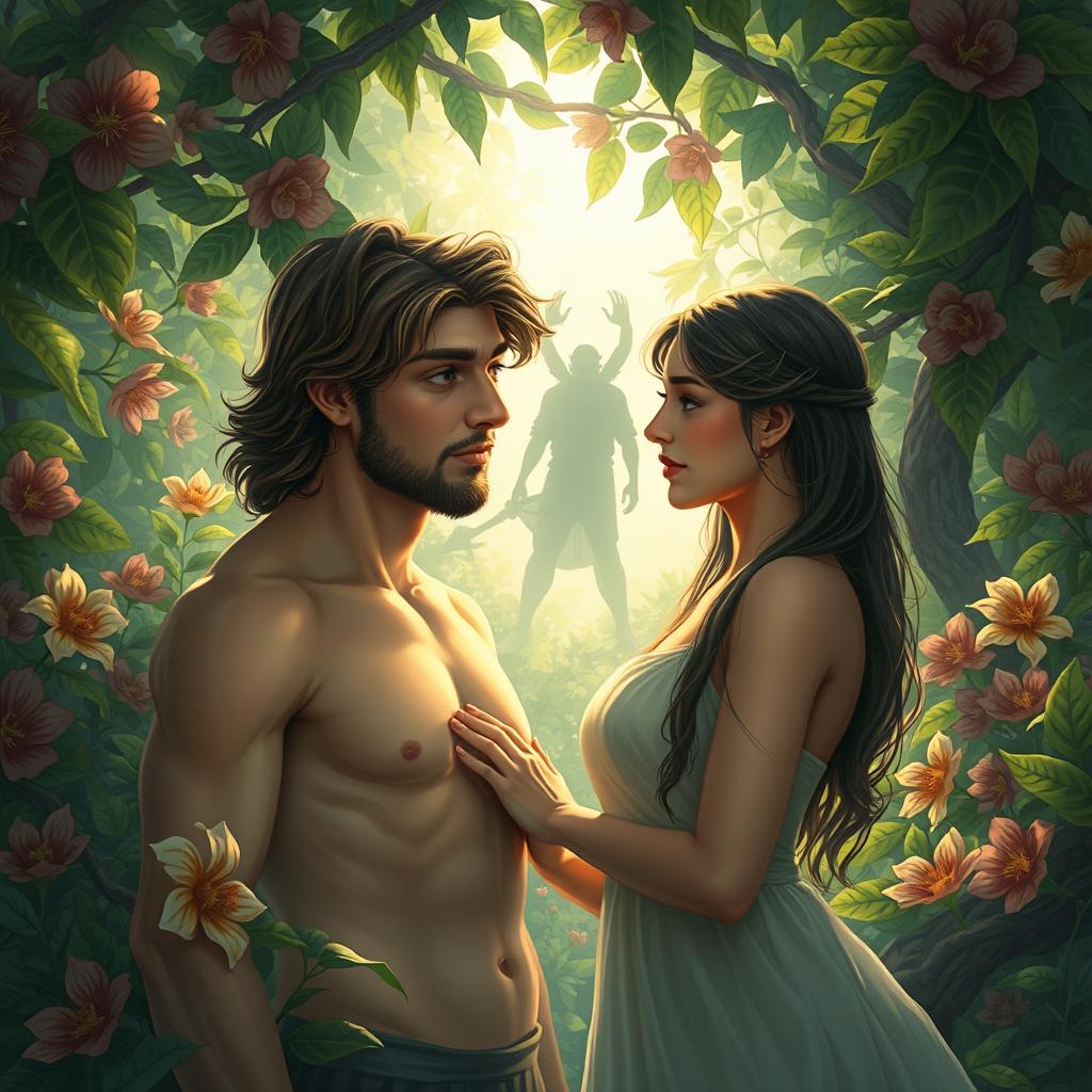 An evocative and dreamlike interpretation of the Quranic verse, featuring Adam and Eve in a lush, serene paradise filled with vibrant foliage and intricate flowers