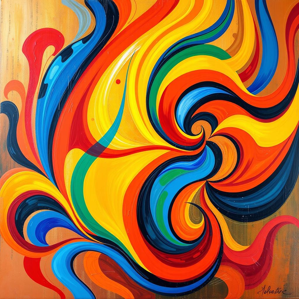 A vibrant and colorful abstract painting featuring swirling shapes and dynamic lines, symbolizing energy and movement