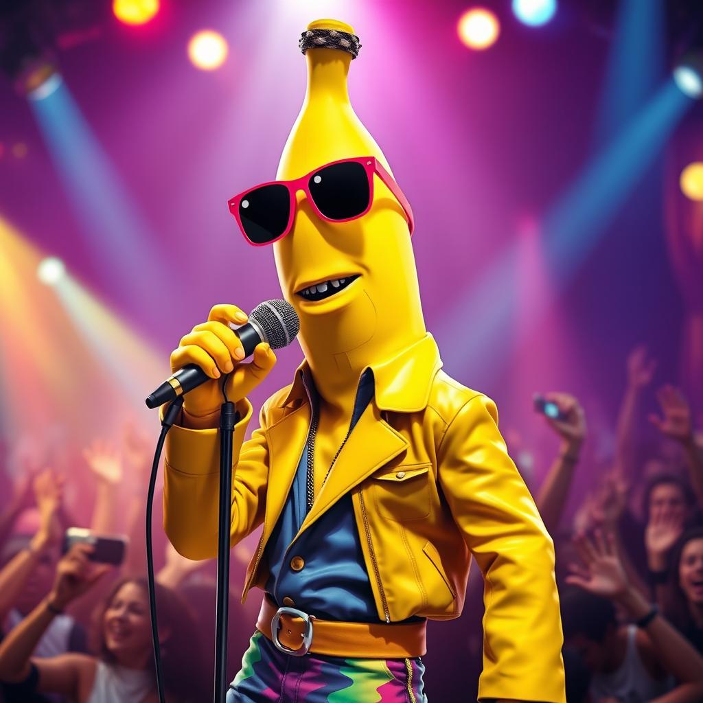 A vibrant and surreal artistic representation of a fusion between a singer and a banana