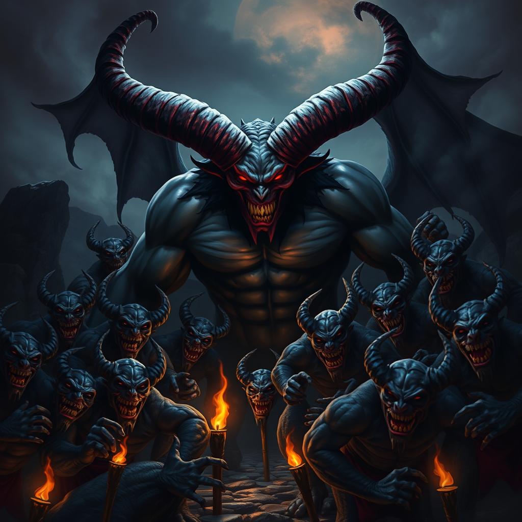 A captivating and fearsome depiction of a powerful demon surrounded by its legion of dark minions in a surreal and mystical landscape