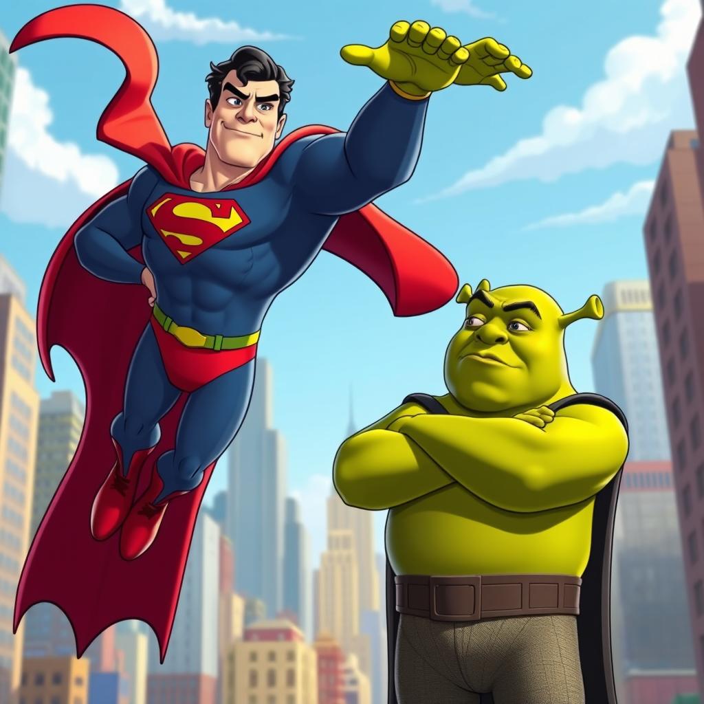 A dynamic scene featuring Superman and Shrek with a humorous twist, both looking enviously at Batman