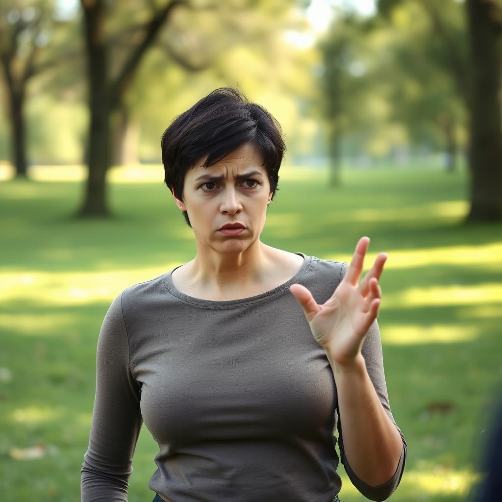 A worried woman with short dark hair, standing in a concerned posture with furrowed brows, calling out to someone in the distance