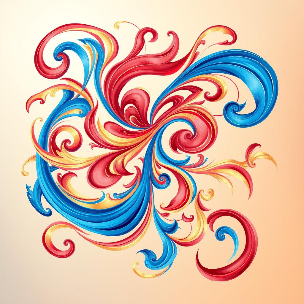 An intricate abstract design featuring swirling patterns of vibrant colors, including shades of blue, red, and gold