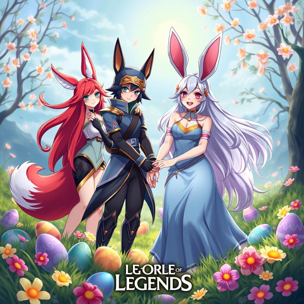 A vibrant Easter card set in the League of Legends environment, featuring characters Ahri, Akali, Diana, and Leona from the game