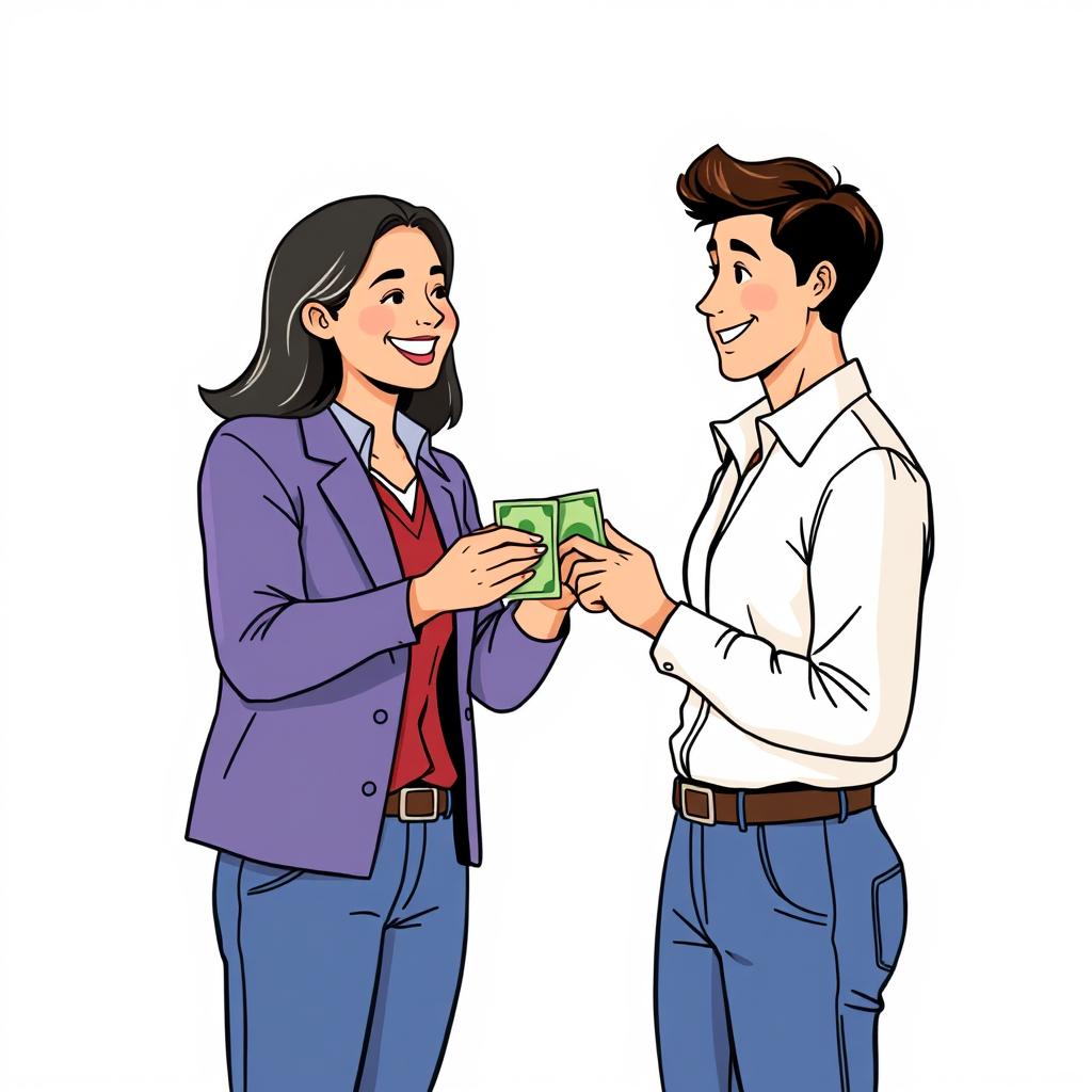 A scene depicting a person handing over money to another person, set against a clean white background