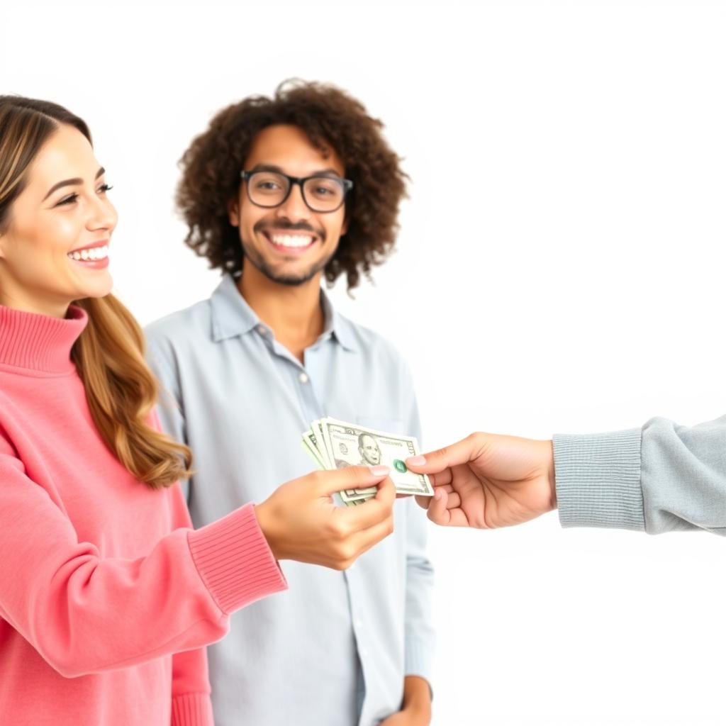A scene featuring a person handing over cash to another individual, with a bright white background