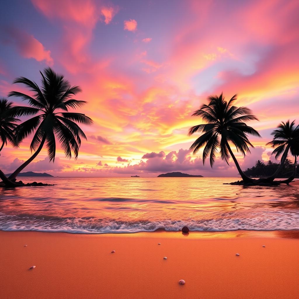 A stunning, serene landscape featuring a vibrant sunset over a tranquil beach scene