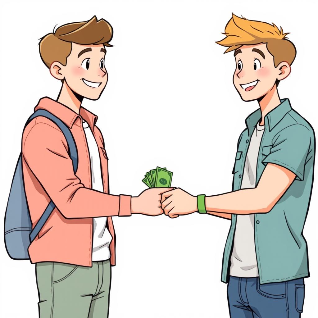 A scene featuring two young adults, one male, handing money to another young male, set against a bright white background