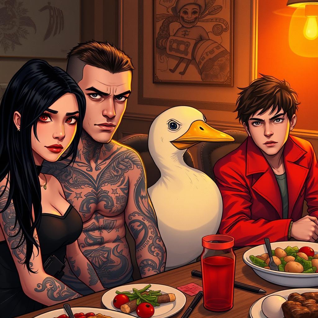 A dinner scene featuring a young man with a short haircut, covered in tattoos, sitting next to a young woman with long black hair, also adorned with tattoos
