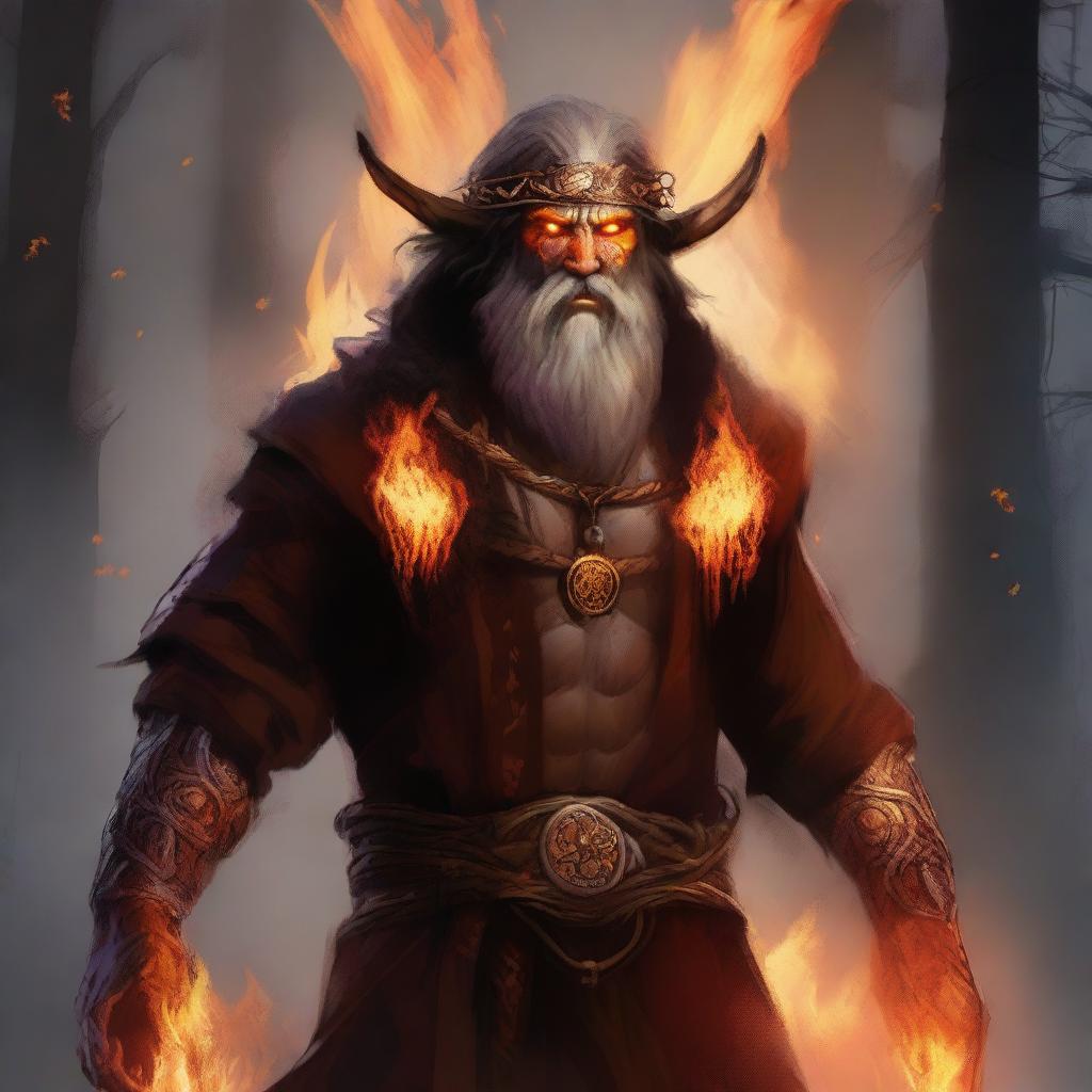 A digital art image of a male druid, his features illuminated by the fierce, wild glow of wildfire