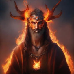 A digital art image of a male druid, his features illuminated by the fierce, wild glow of wildfire