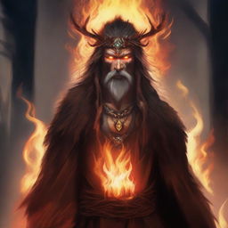 A digital art image of a male druid, his features illuminated by the fierce, wild glow of wildfire