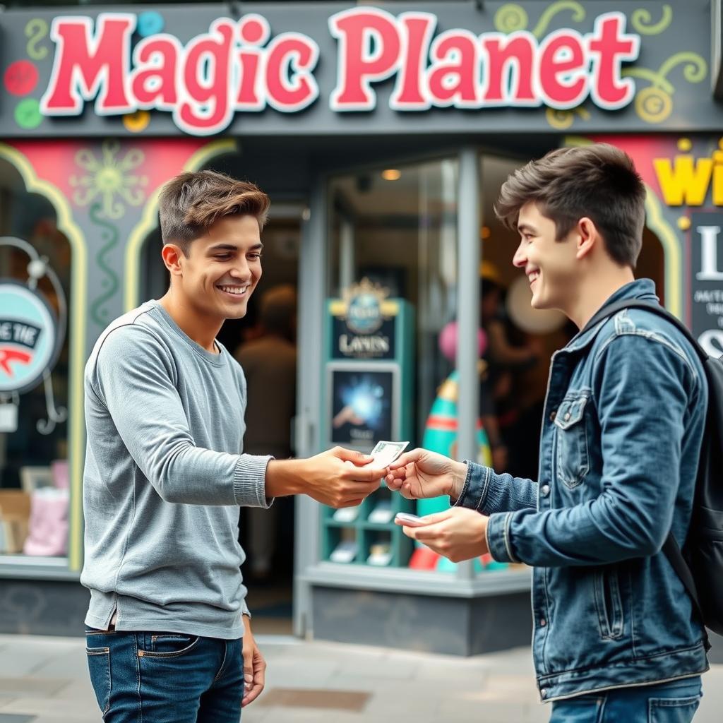 A young man handing money to another young man behind a store with the sign 'Magic Planet'