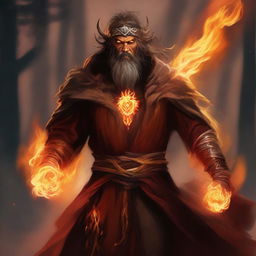 A digital art image of a male druid, his features illuminated by the fierce, wild glow of wildfire