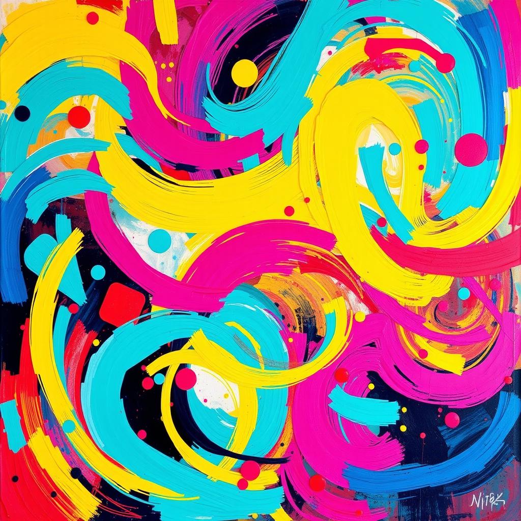 A dynamic and colorful abstract painting filled with layers of vibrant colors, bold brush strokes, and a playful arrangement of shapes, evoking a sense of movement and energy