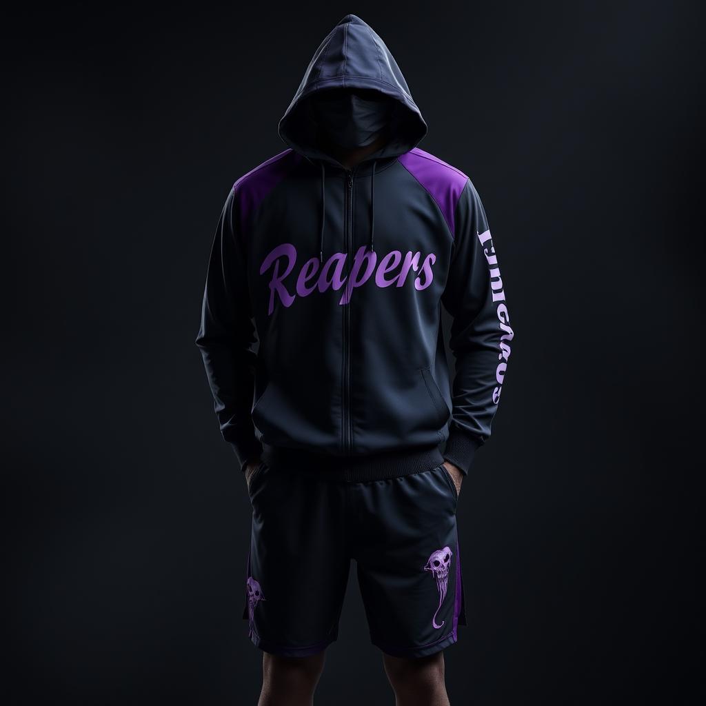 A basketball uniform featuring a track suit design with soul reaper characteristics, emphasizing a modern athletic style