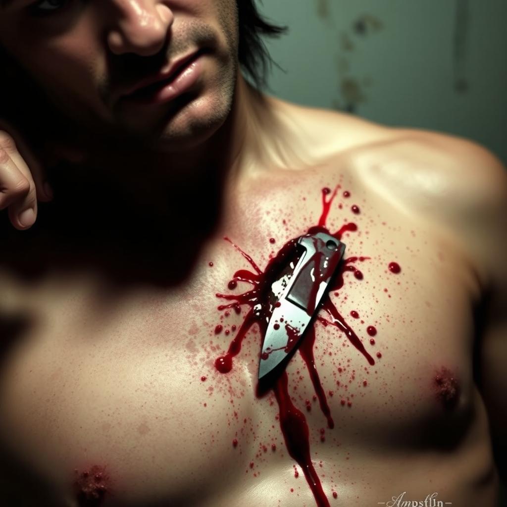 A dramatic and intense scene featuring a wound caused by a knife on the upper chest, with blood splatters vividly depicted